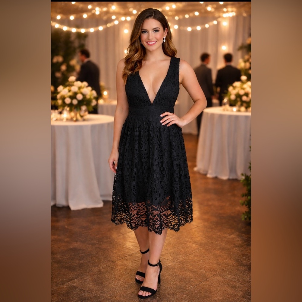 Lulu's Black Lace Midi Cocktail Wedding Summer Lace Deep V Neck LG LIKE NEW